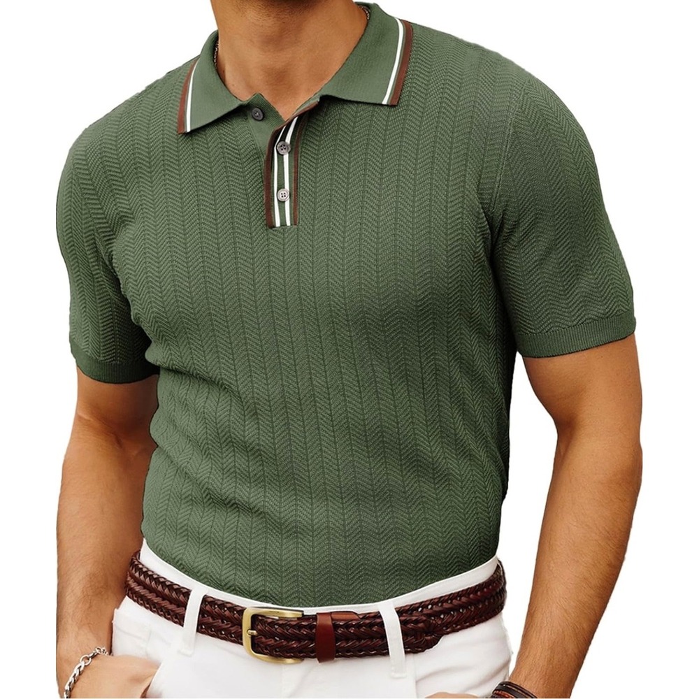 PJ Paul Jones Polo Shirt Mens 2XL Olive Green Chevron Knit Timeless Classic